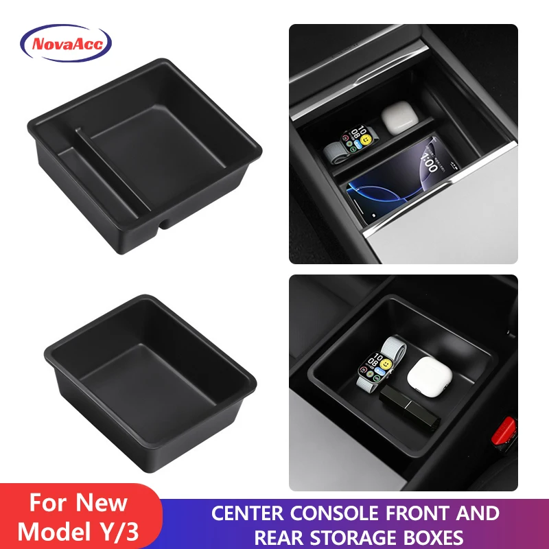 

Car Center Console Front Rear Storage Box For Tesla Model Y Juniper 2025 Model 3 Highland 2024 2025 Armrest Case Storage Tray