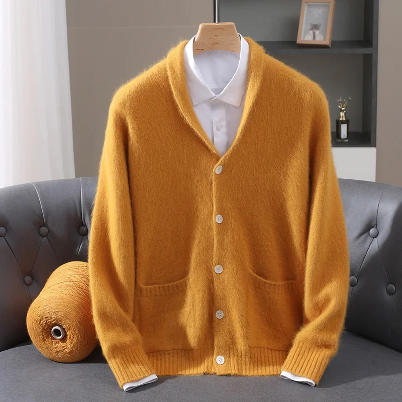 Cashmere Warm V-neck Men's Knitted Cardigan High Luxury Thick Korean Version Business Casual Autumn/Winter Coat Simple Sweater