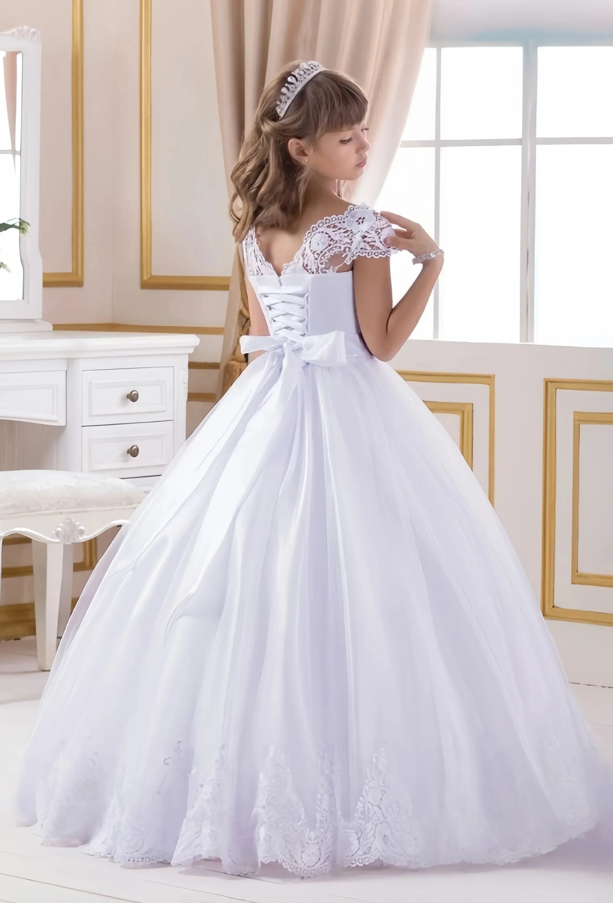 Tutu Ball Gown Lace Bow Tie Mop Gorgeous Flower Girl Dresses for Formal Parties Receptions Dance Performances First Communion