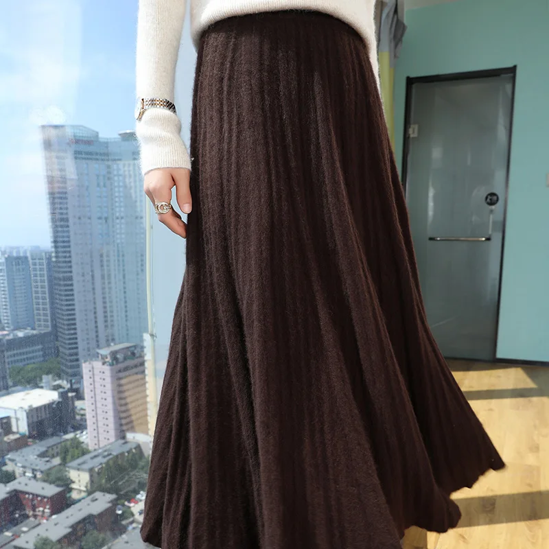 Autumn and winter new women's 100% mink cashmere knitted dress fashion solid color slim warm romantic CHIC pleated skirt