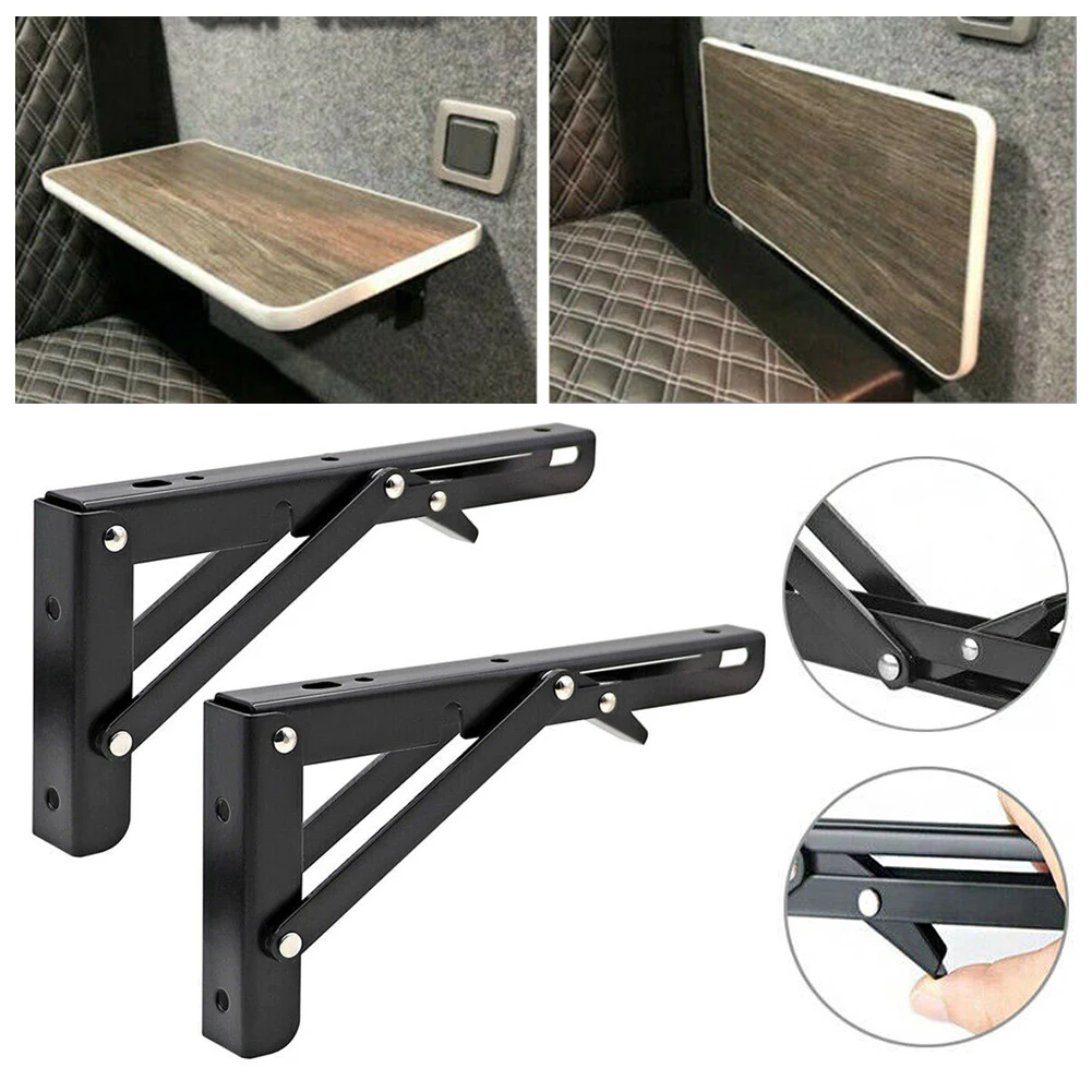 2PCS Black Finish Camper Van Folding-Bracket Table Shelf Interior Accessories for Motorhome Caravan RV Camper Trailer Food Truck