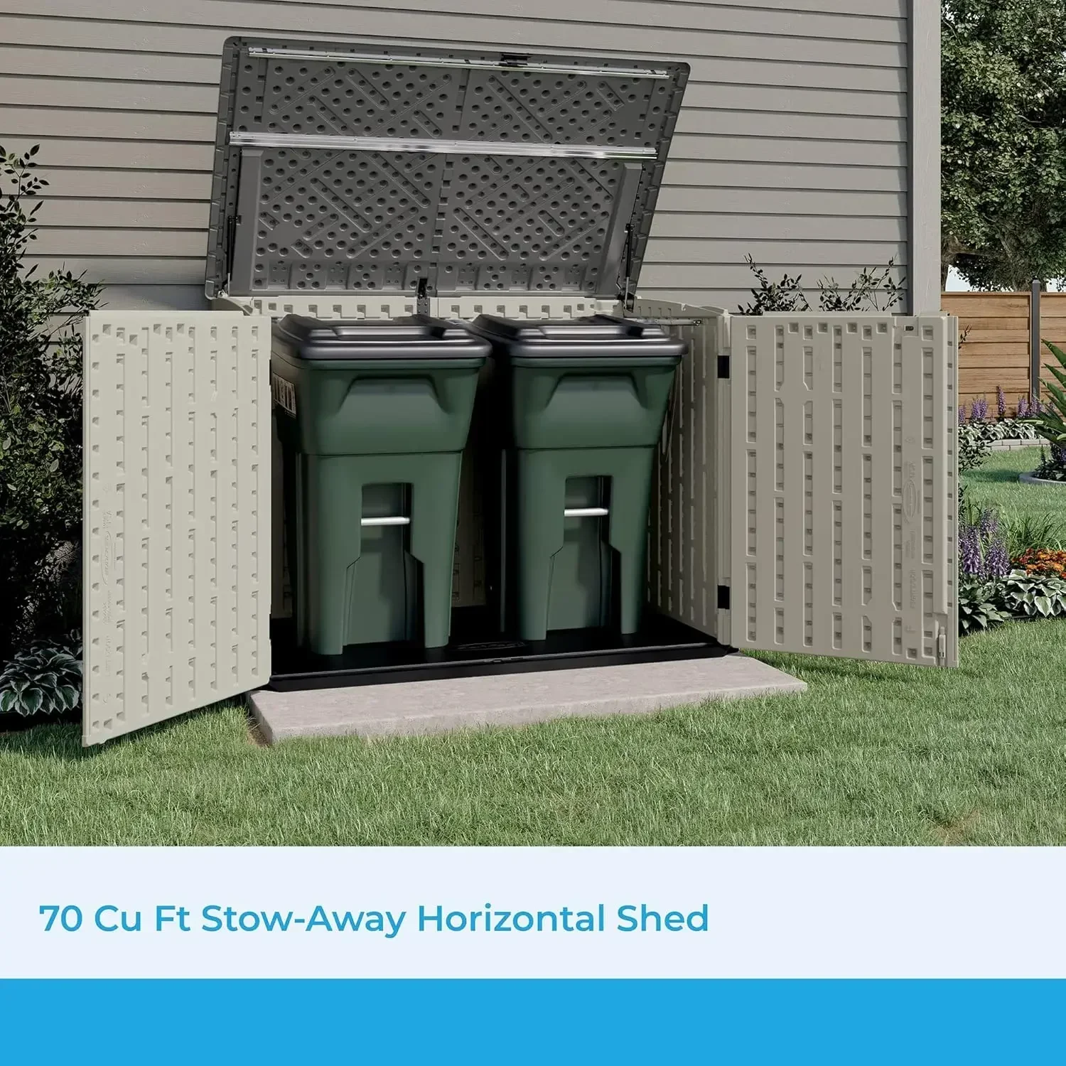 Horizontal Stow-Away Storage Shed - Natural Wood-like Outdoor Storage for Trash Cans and Yard Tools - All-Weather