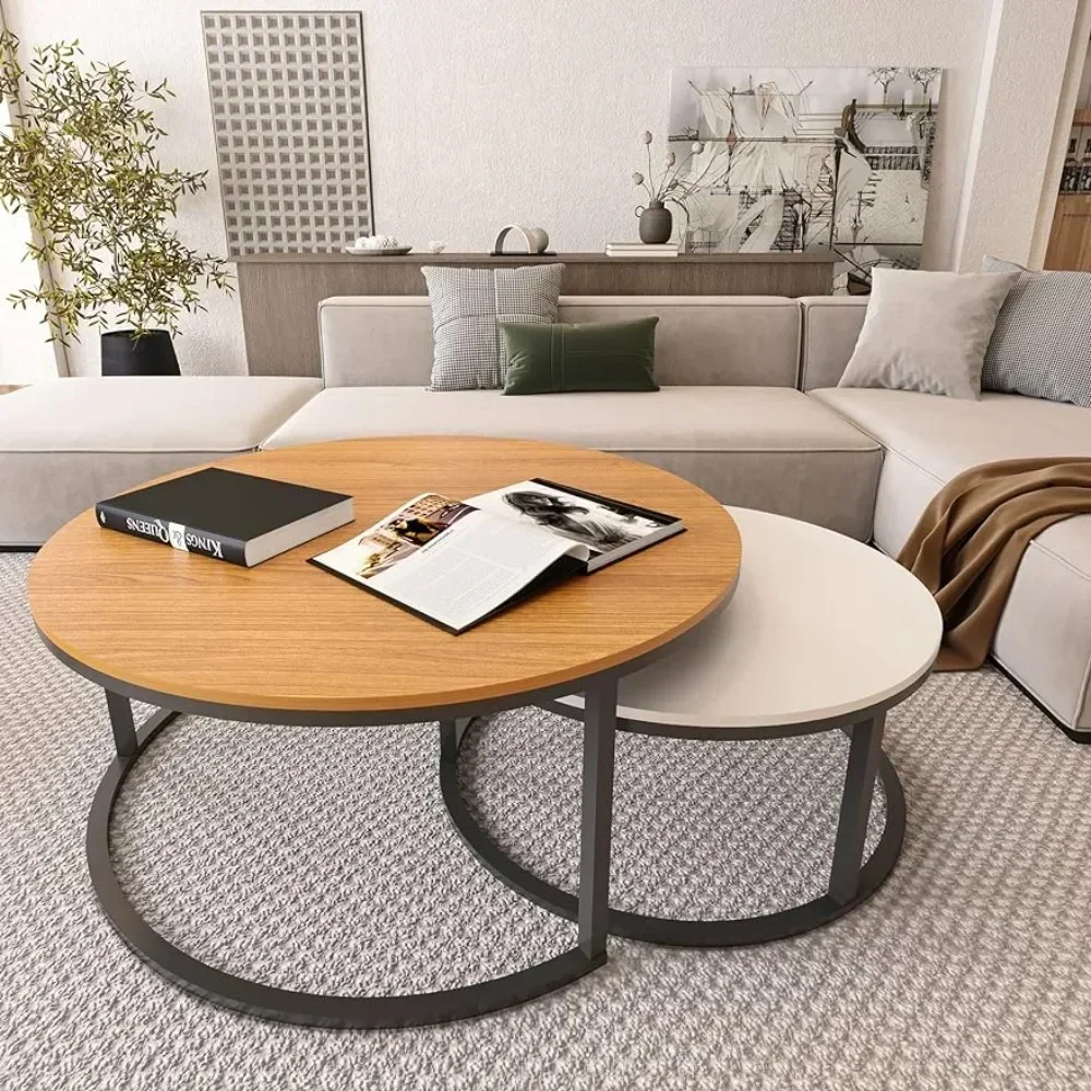 31.5'' Modern Round Nested Coffee Table (Set of 2),Stacked Living Room Feature Table with Industrial Wood Veneer and Metal Frame