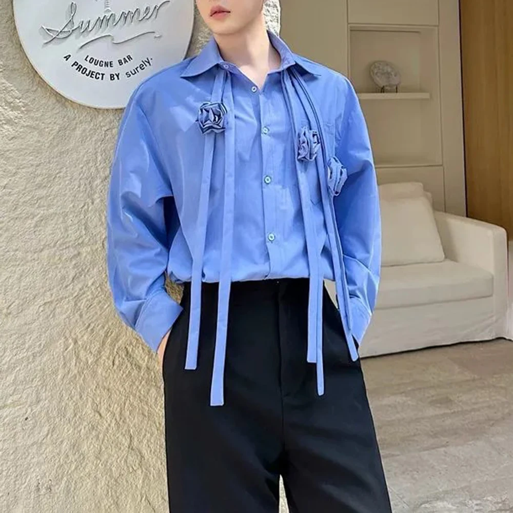 여름 남성 솔리드 컬러 입체 꽃 리본 긴팔 셔츠 라이트 럭셔리 레트로 패션 트렌드 캐주얼 남성상의