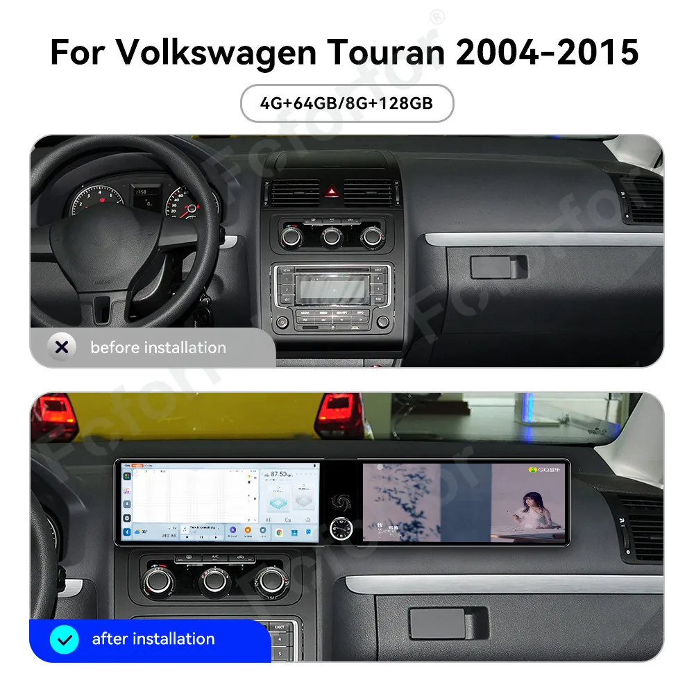 Dual 12.3 Inch Screen HD Android13 For Volkswagen Touran 2004--2015 Car Radio GPS Navigation CarPlay Multimedia Player Head Unit