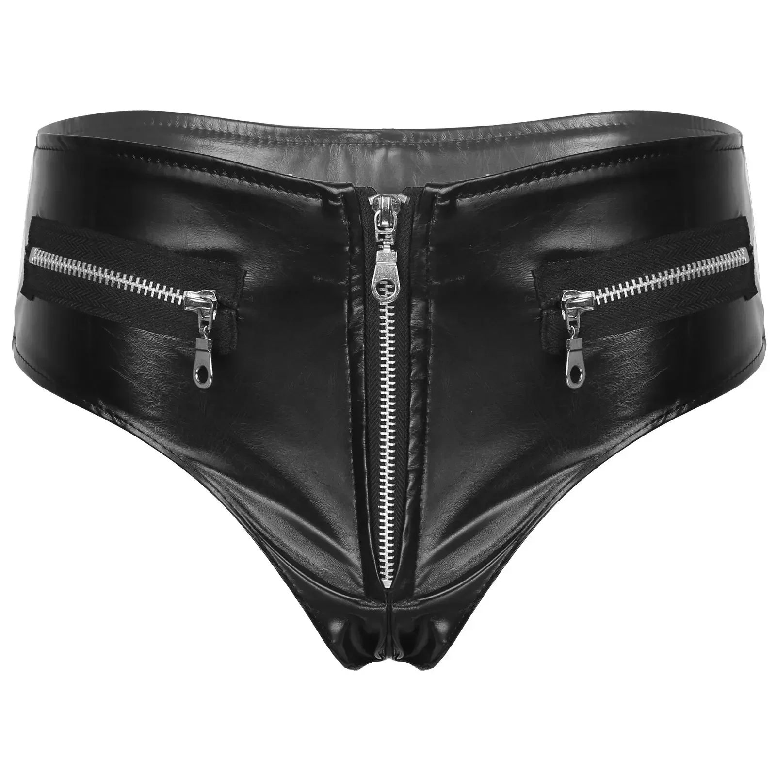 Black Women's Hot Pants Pu Leather Panties Sexy Underwear Zipper Low Rise Underpants Nightclub Stage Performance Costumes Briefs