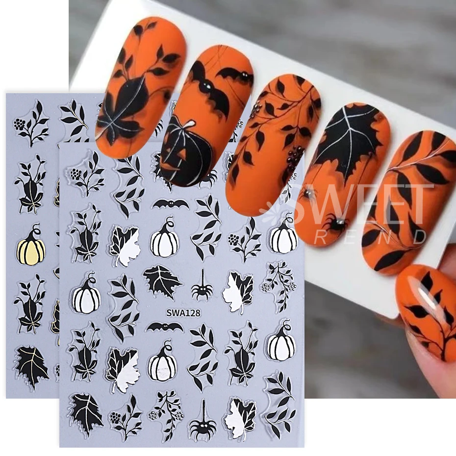 4 個ハロウィンネイルアートステッカー 3D 秋カエデの葉クモの巣ゴーストカボチャ自己粘着ネイルステッカー DIY マニキュア装飾