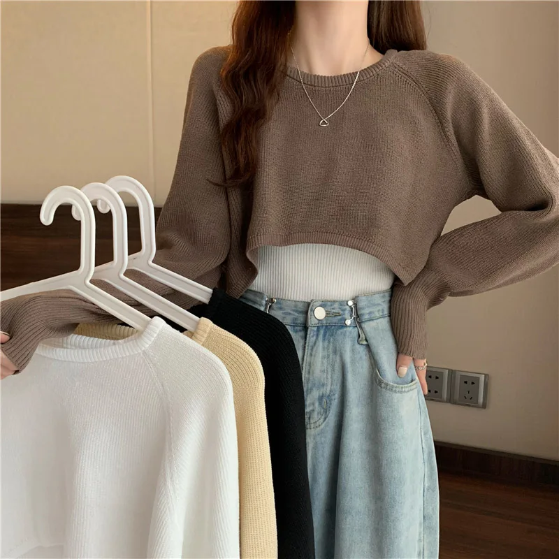 New Autumn Women Solid maglione o-collo maglione allentato Pullover Crop Top maglioni camicie Femme Knit Outwear Jumpers