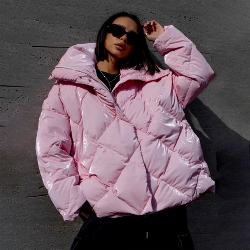 2024 winter new women\'s matte bright face lapel diamond check cotton-padded jacket y2k fashion loose casual warm bread jacket