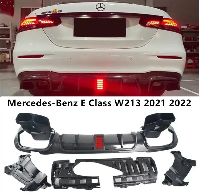 Rear Bumper Diffuser & Exhaust Tips For Mercedes-Benz E Class W213 2021 2022 Trunk Door Lip Spoiler ABS Carbon Fiber