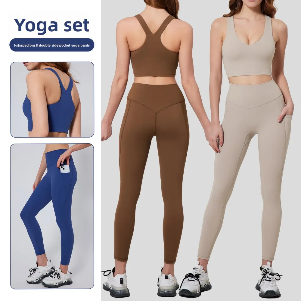 

(XS-3XL) Женский комплект для йоги большого размера в европейском и американском стиле, узкие брюки для йоги с карманами и высокой талией, наряд для фитнеса
