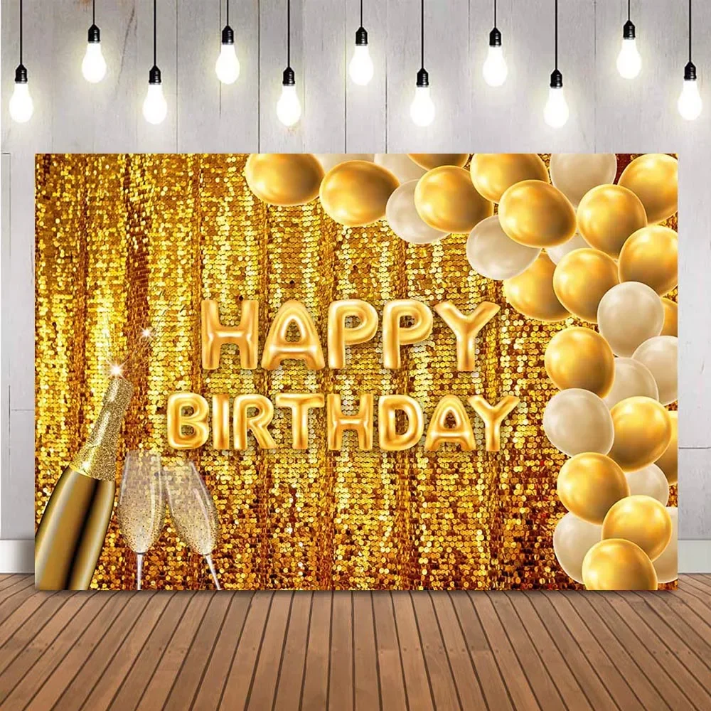 Gold Birthday Backdrop Glitter Curtraint Happy Birthday Party Balloons Adult Theme Women's Birthday Photo Background Studio Prop