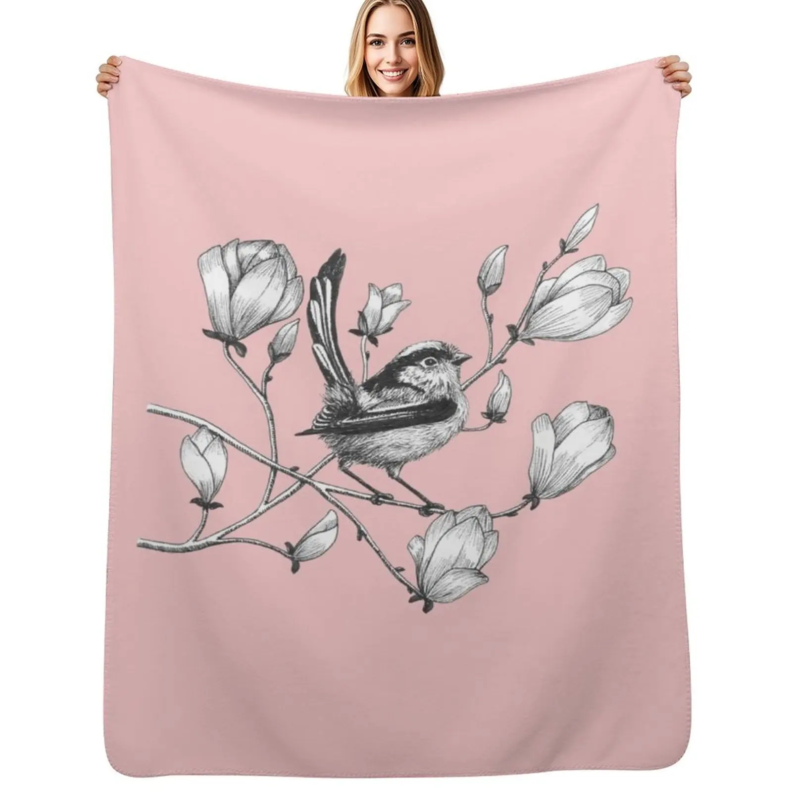 

long tailed tit on magnolia tree Throw Blanket Travel Size Cozy Blanket for Plane Train