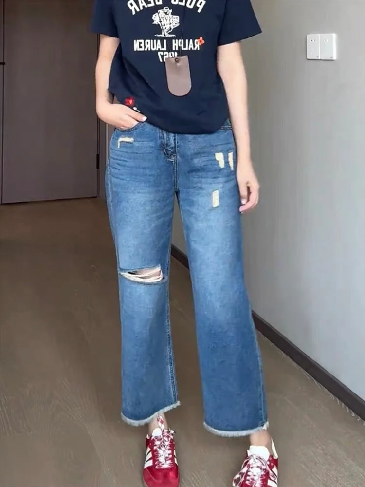 

Blue High Waist Loose Fit Straight Leg Jeans Women's Summer Thin Model plus Size Wide Leg Pants Torn Hole Nine Points