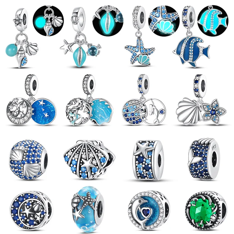 

925 Sterling Silver Ocean Glow Fish Shell Charm Series Beads For 3mm Original Bracelet DIY Making Jewelry Birthday Gift