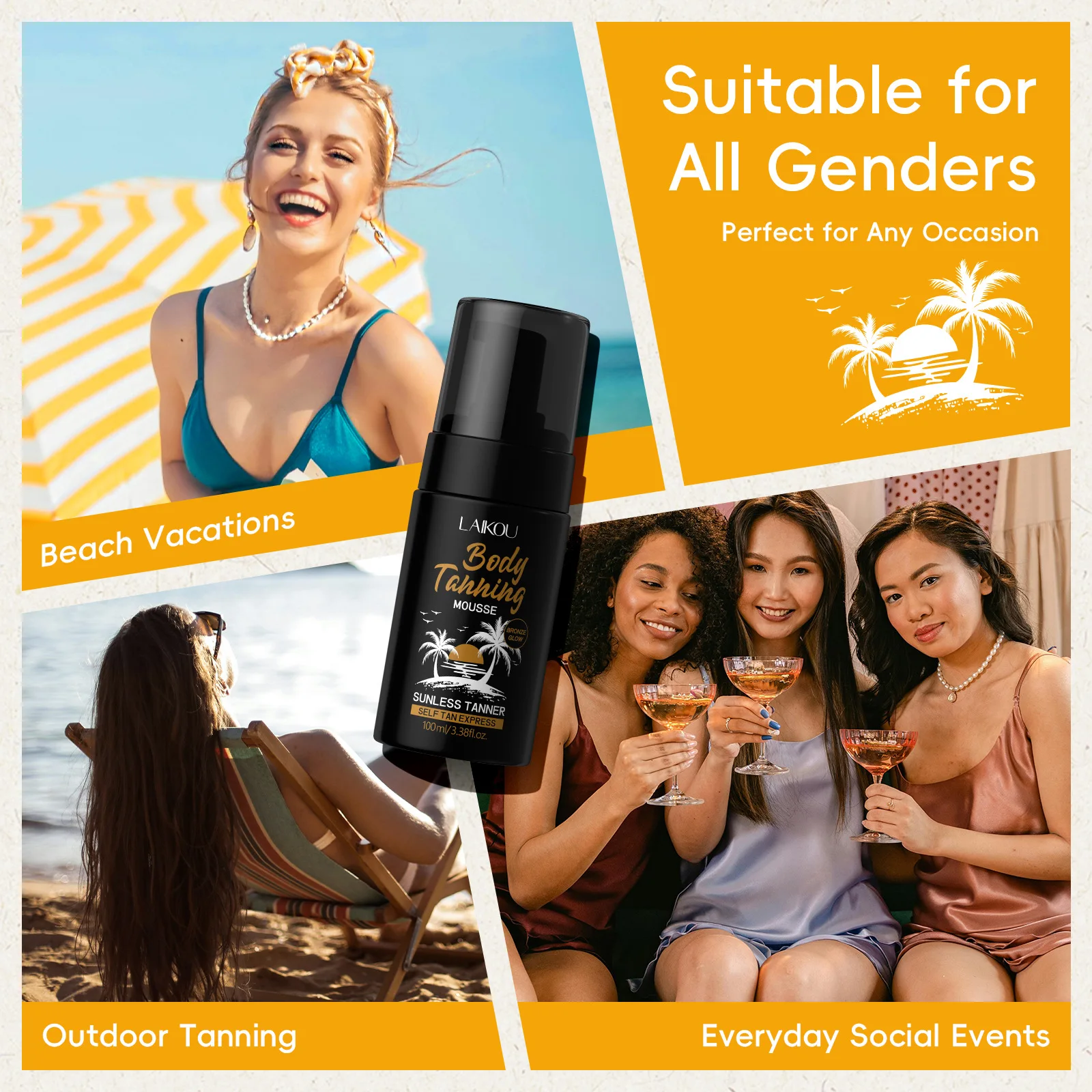 LAIKOU Tanning Mousse for Sunbathing, Sunless Self Tanner Accelerator for Beach Outdoor, Natural Glow Bronze Skin Non-greasy