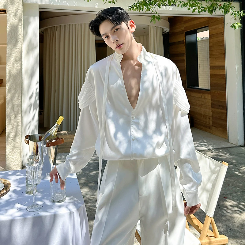 LUZHEN Original Luxury Elegant Stand Neck Long Sleeve Shirts Men's 2025 New Personalized Pleated Patchwork Design Clothes JY3640