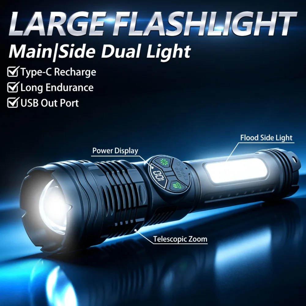 

Powerful LED COB Flashlight USB Rechargeable Torch with 6 Lighting Modes Super Bright Large Flashlight for Outdoor Explore