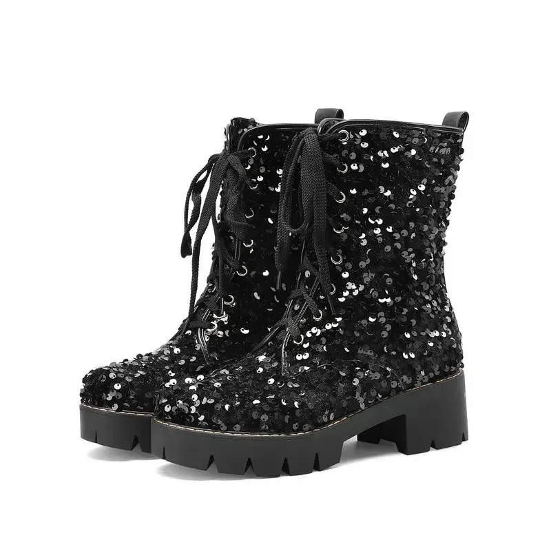 Sequins Bling Glitter Party Goth Shoes For Women Shiny Pink Blue Purple Lace-up Platform Chunky Heels Ankle Motorcycle Boots