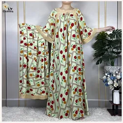 Robe de soirée élégante à manches courtes pour femmes, grande écharpe, coton imprimé floral, robe Maxi, Abaya africaine, Dubaï, été, nouveau, 2023