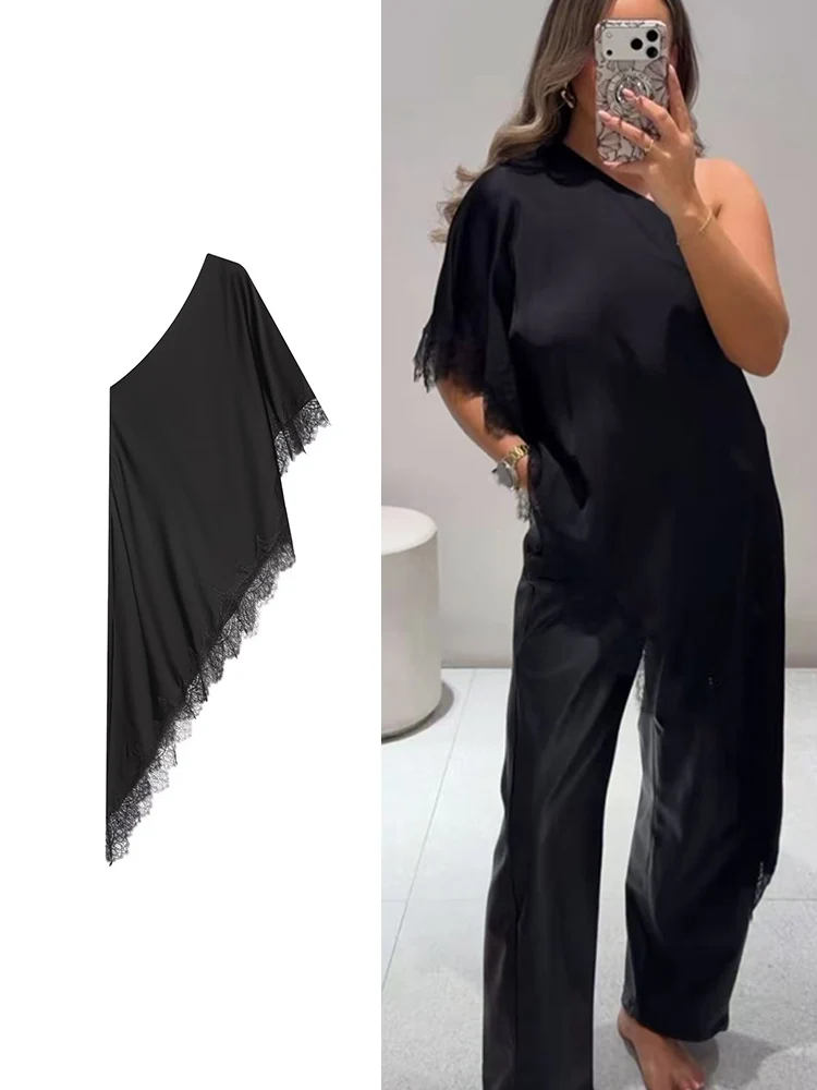 Summer New Women Irregular Lace Splicing Top Asymmetrical Off Shoulder Long Top 2026 Fashion Solid Loose Elegant Female Vest