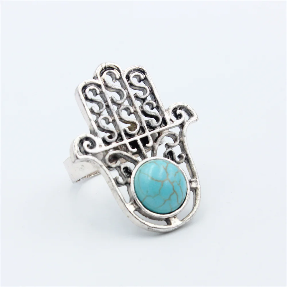 1PC Vintage Hand of Fatima Ring Natural Turquoise Evil Eye Opening Ring for Men Women Jewelry Gift