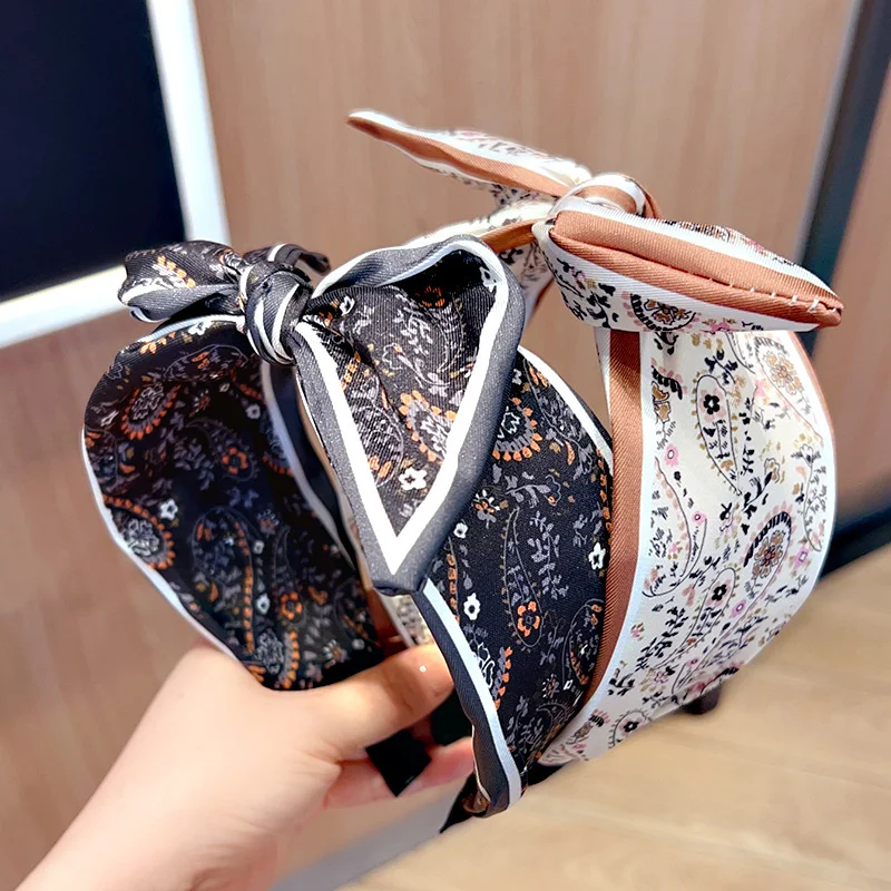 

Vintage Cashew Flowers Printing Soft Wide Hair Hoop Hair Accessories For Women Boho Style Bow Cross Ethnic Headband Hairband