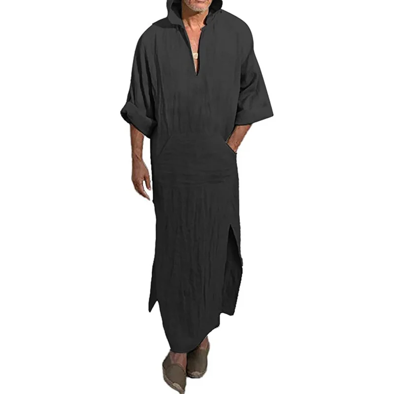 

Men's Long Sleeve Kaftan Side Split Long Gown Thobe Hooded Men Caftan