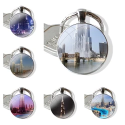 Dubai Burj Khalifa Tower Building Keychain Handmade Glass Cabochon Key Ring Holder Pendant Key Chains Funny Gift Design Creative