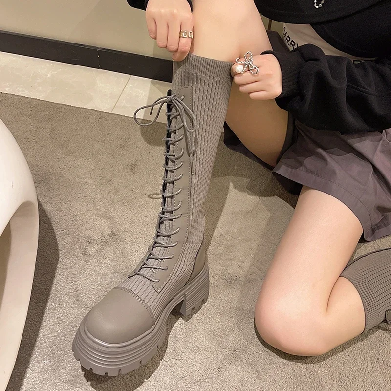 Chunky Platform Knitted Long Boots Women 2022 Autumn Thick Bottom Warm Sock Shoes Woman Lace Up Knee High Botas De Mujer