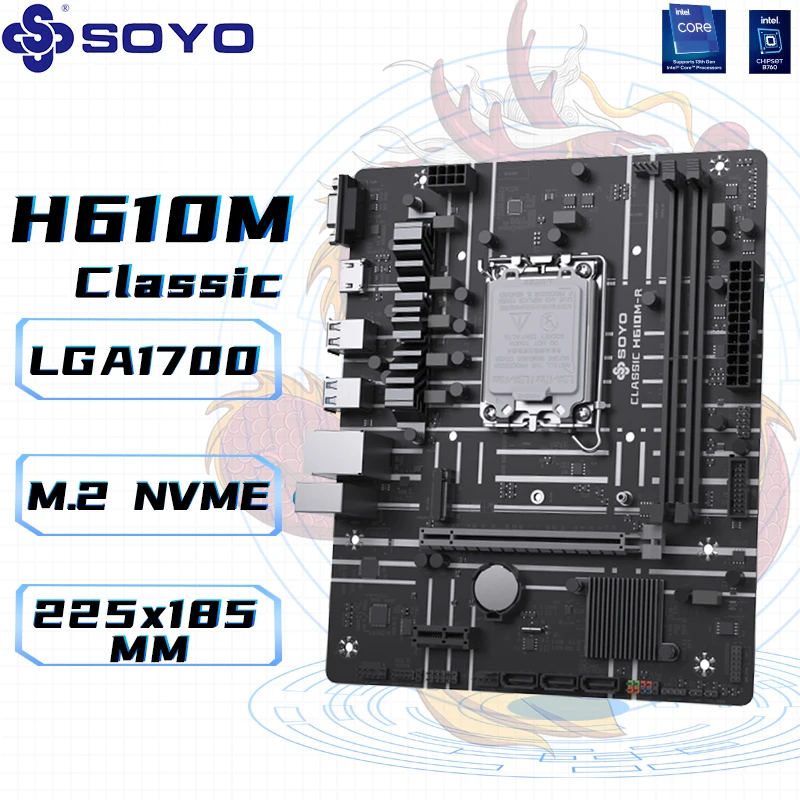 SOYO H610M-R MATX Intel H610M DDR4 HDMI VGA SATA3.0 M.2 NVME USB 3.2 Gen1 Support 12/13/14 gen LGA 1700 CPU For Desktop PC