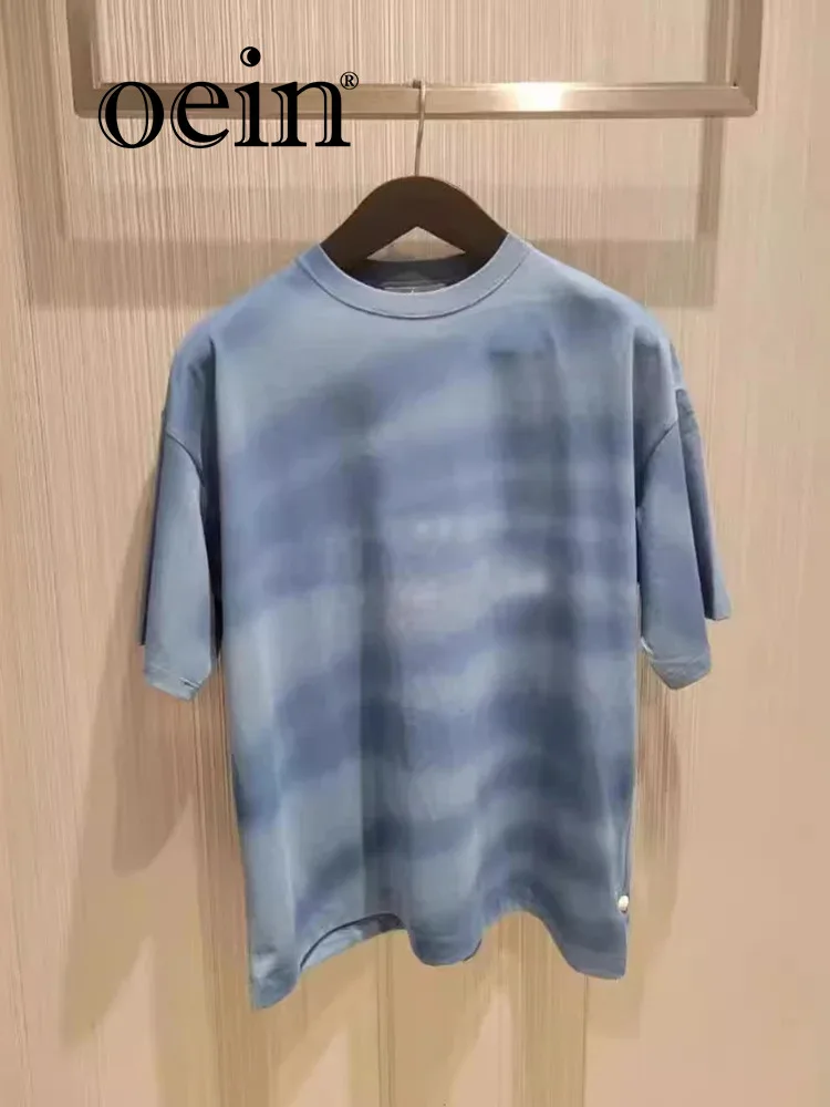 

[oein] Niche 2024 Summer Outfit New Color Blocked Cotton Shoulder Round Neck Half Short Sleeved Loose T-shirt Casual Fashion