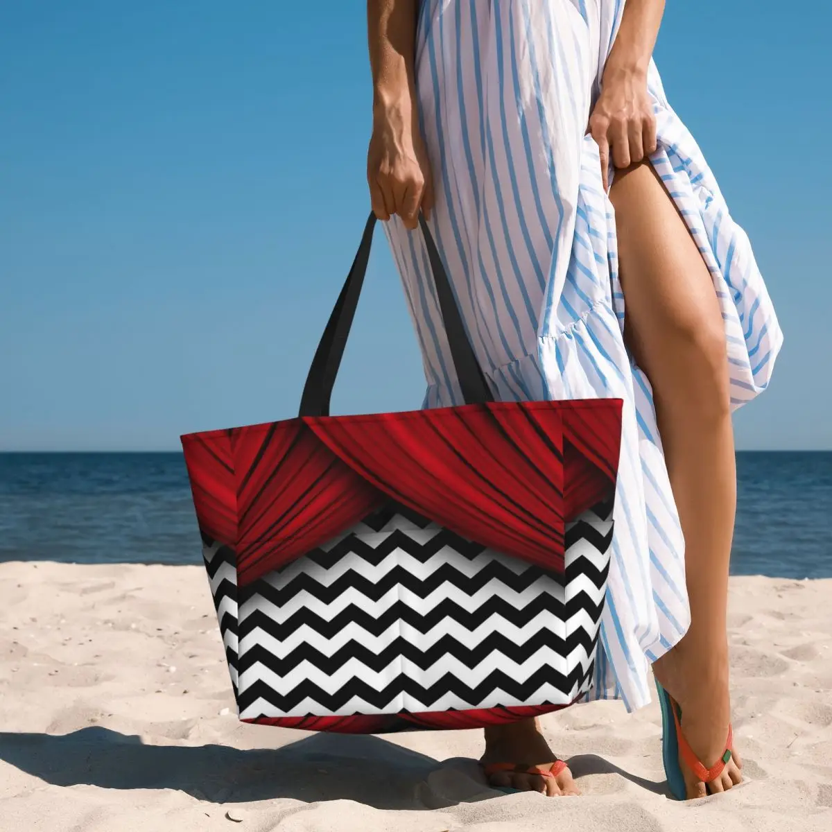 

Twin Peaks Red Curtains Black And White Chevron Beach Tote Bag Sport Gym Yoga Duffle Large Tote Bag Women Travel Bag Fitness bag