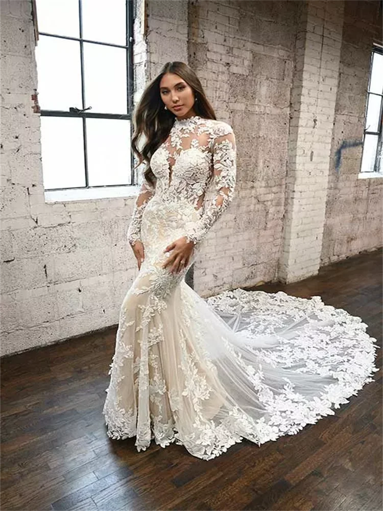 

Mermaid/Trumpet Wedding Dresses Floor Length Court Train Princess Long Sleeve High Neck Backless Lace With Beading Bridal Gowns