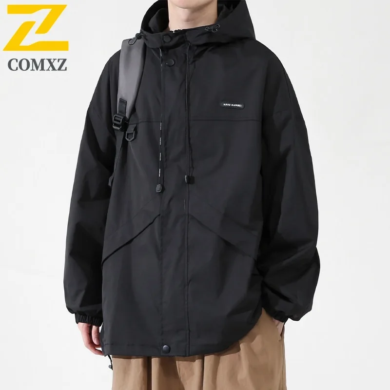 

COMXZ 2025 Men American Workwear Windbreaker Coat Autumn Spring Fashion Trendy Casual Outerwear Street Style Solid Color Jacket