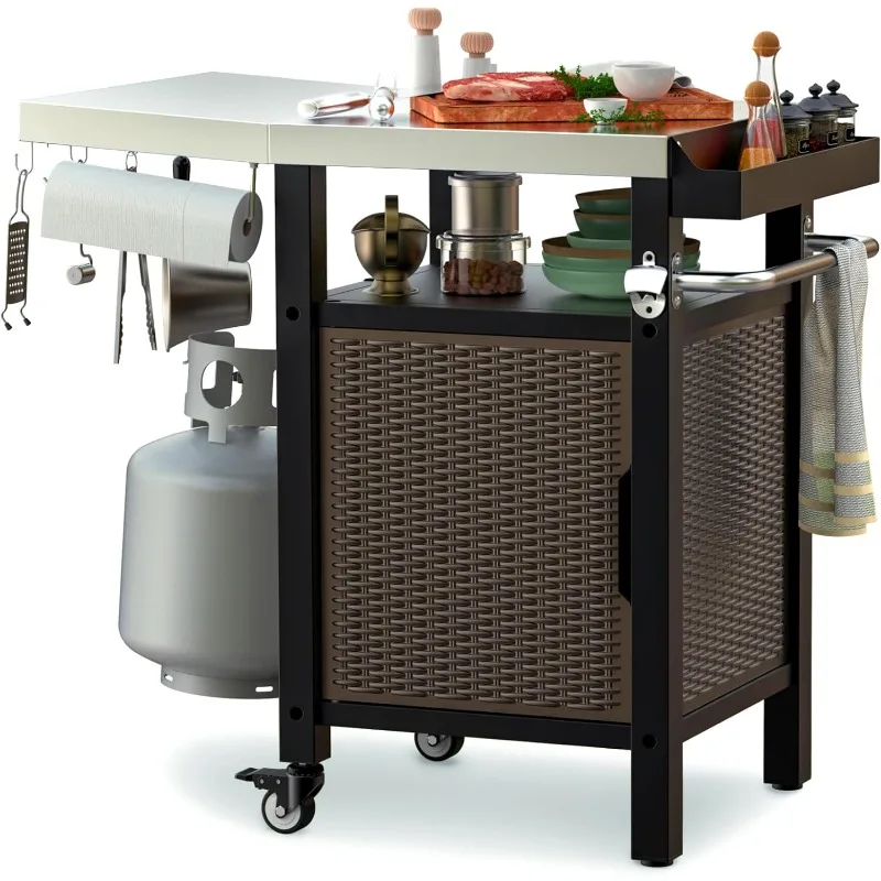 

35 Inch Rolling Kitchen Island and BBQ Serving Cart with Large Stainless Steel Countertop for Indoor Outdoor, Single Do