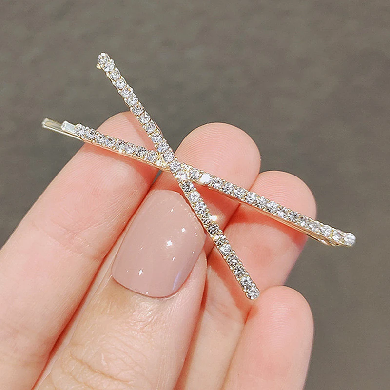 2pcs Cross Crystal Hairpins Rhinestones X Hair Clips Barrettes Simple Side Clip