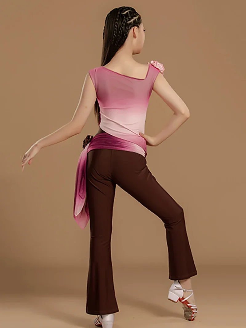 Children Latin Dance Gradient Sleeveless Top and Pants Trousers Girls Kids Competition Dancewear Ballroom Training Costume