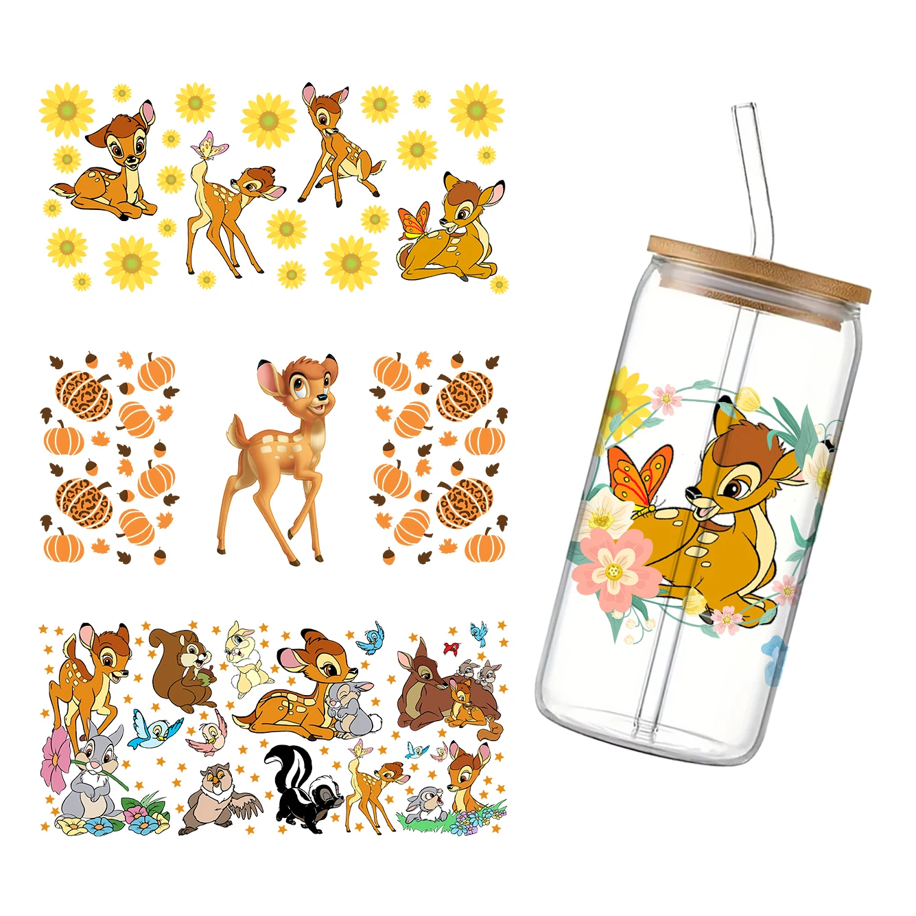 بامبي 11x24 سنتيمتر الكرتون ديزني كأس التفاف ملصق 16 أوقية UV DTF ملصق مضاد للمياه يمكن Libbey الزجاج التفاف ل هدية حفلة