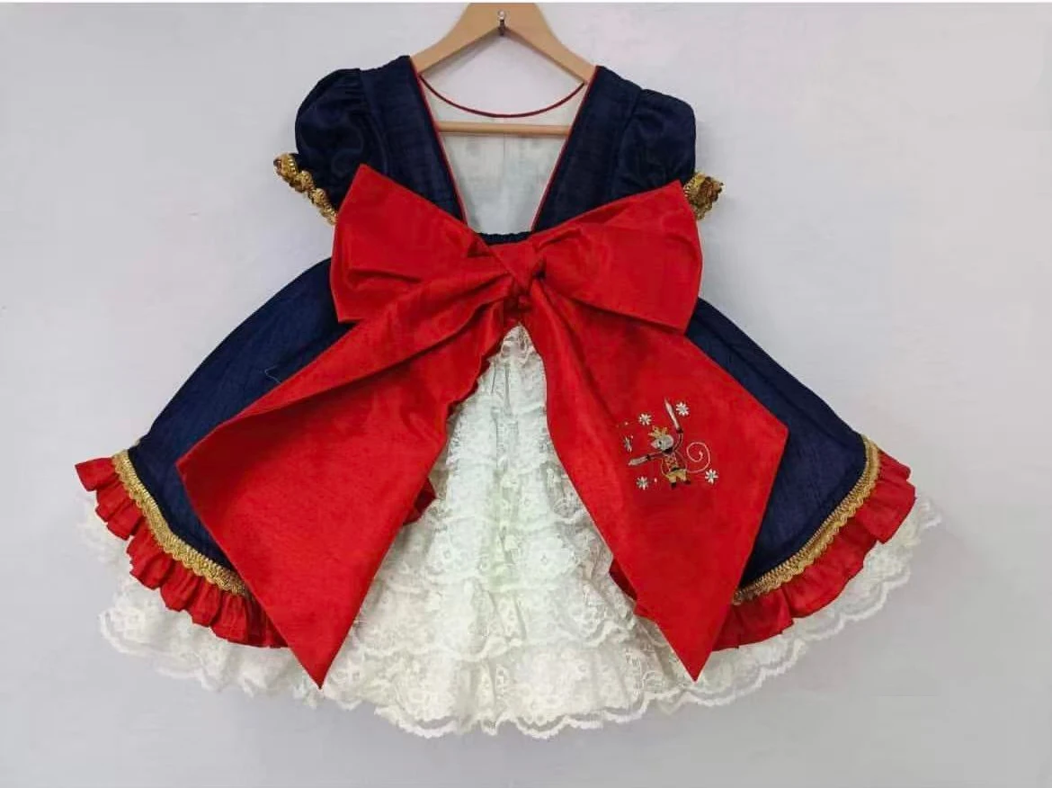 0-12Y Baby Girl Summer Nutcracker Elf Embroidery Navy Blue Vintage Princess Dress for Birthday Holiday Eid Christmas B465