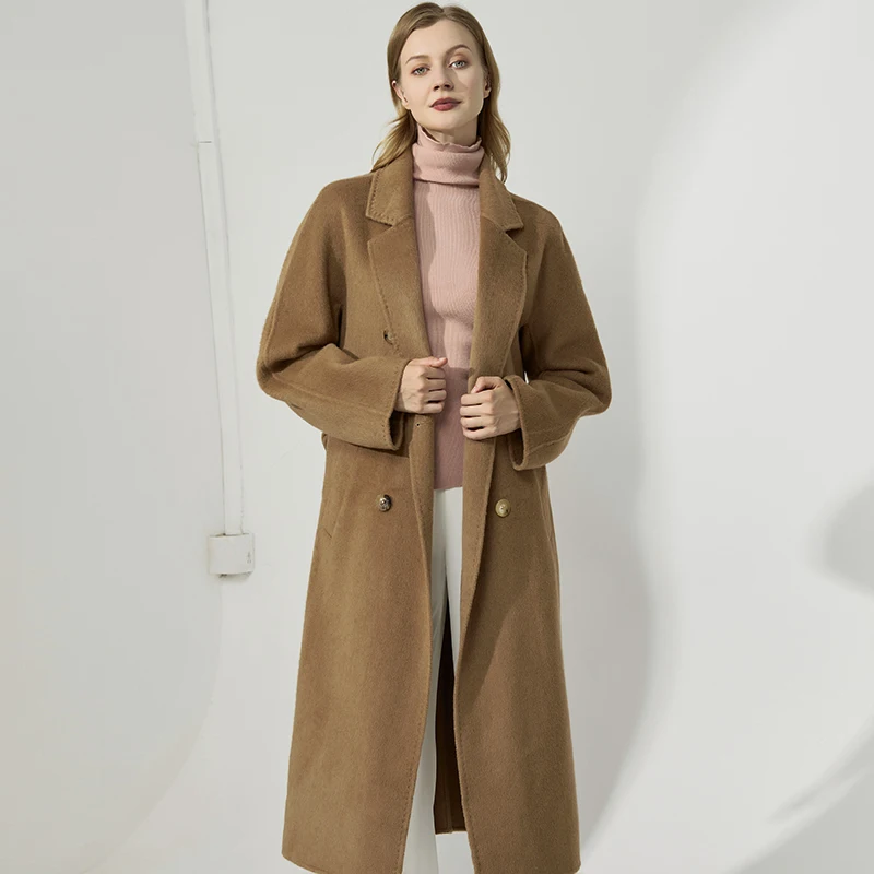 New high-end upgraded version of deep camel color pure camel fur 101801 coat, women's medium long camel fur long sleeved coat