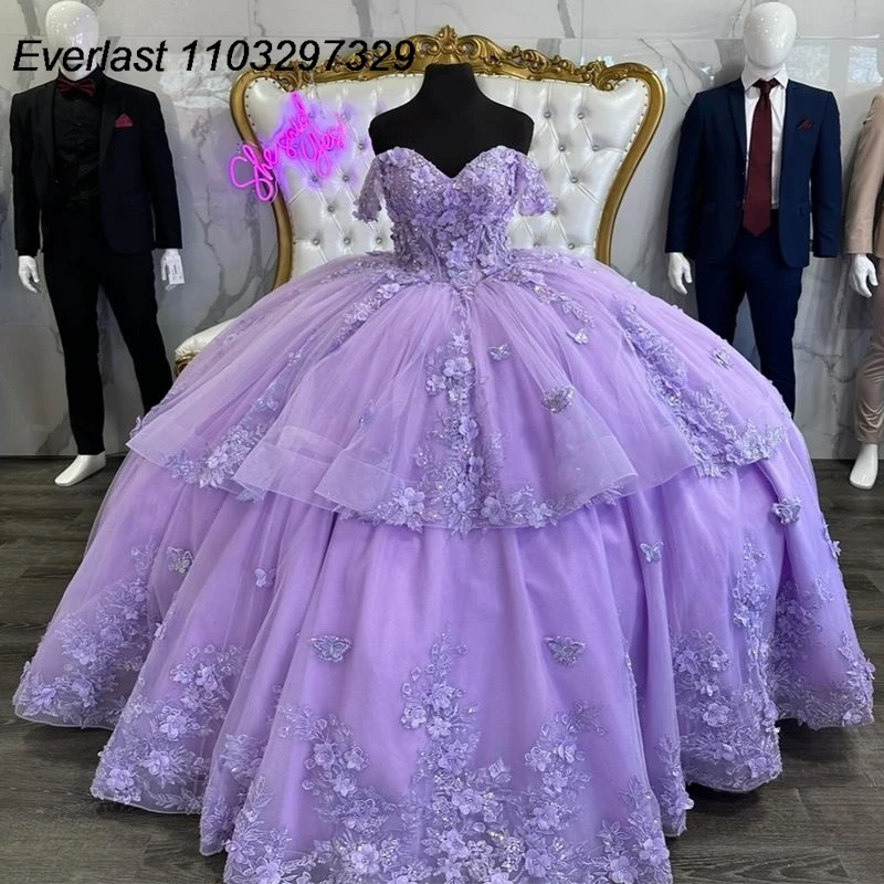 Evlast Glitter Lavendel Quince anera Kleid Ballkleid Blumen Spitze Applikation Perlen abgestuft süß 15 vestido de 15 anos tqd586