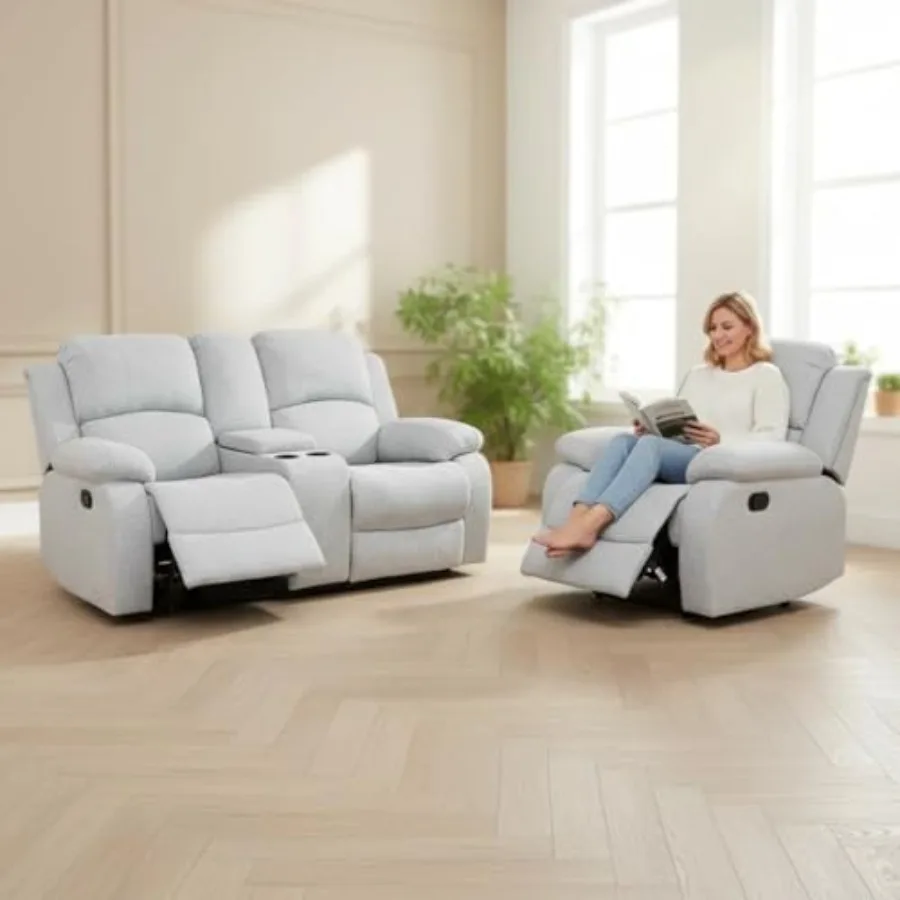 

Linen Recliner Sofa Set, Living Room Furniture Set, Adjustable Backrest Reclining Loveseat Sofa with Storage Console and Cup Ho