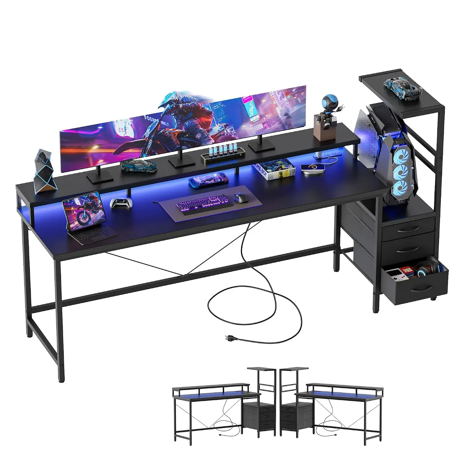 68 inch Gaming Desk with Drawers, Reversible Computer Desk, Black, Customized