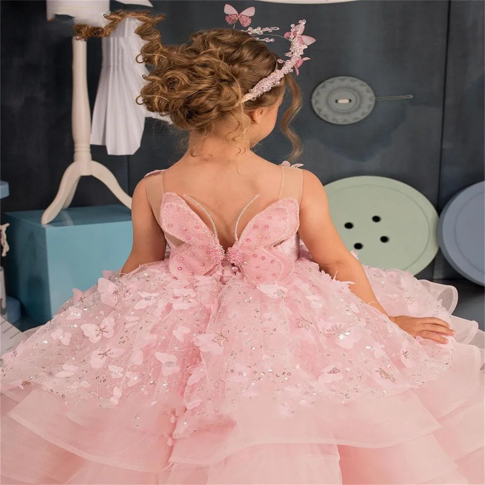 Lovely Pink Butterfly Flower Girl Dress Tulle Puffy Sleeveless Applique Sequins For Wedding Princess First Communion Ball Gowns