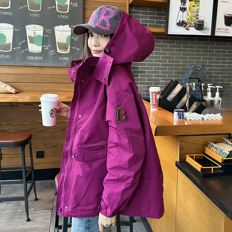 Candy Color Autumn Women Jacket Hooded Windbreaker Sweatshirt Outdoor Coats Pockets Long Sleeve Korean Casual Loose Outerwear