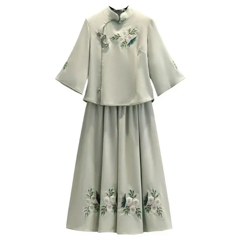فستان نسائي كبير الحجم Hanfu محسن ، طراز صيني ، بلوزة ضيقة ، مجموعة تنورة مطرزة ، فستان أخضر عتيق ، ربيع ، صيف ، جديد