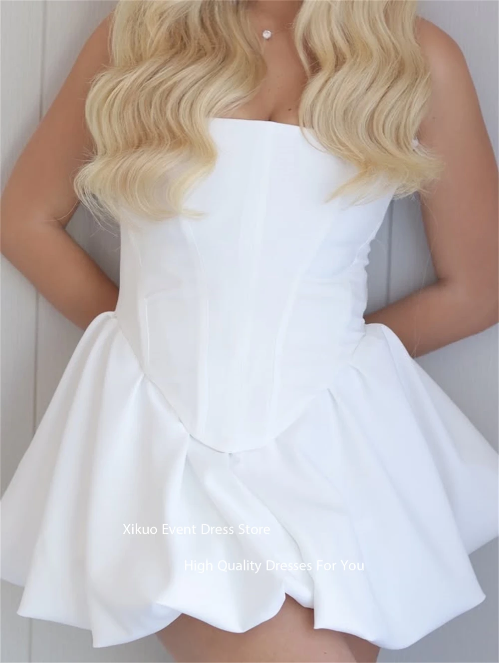 Xikuo Strapless Sleeveless Wedding Dress A Line Above Knee Vestidos De Novia Satin High Quality Girly Prom Gowns Customized