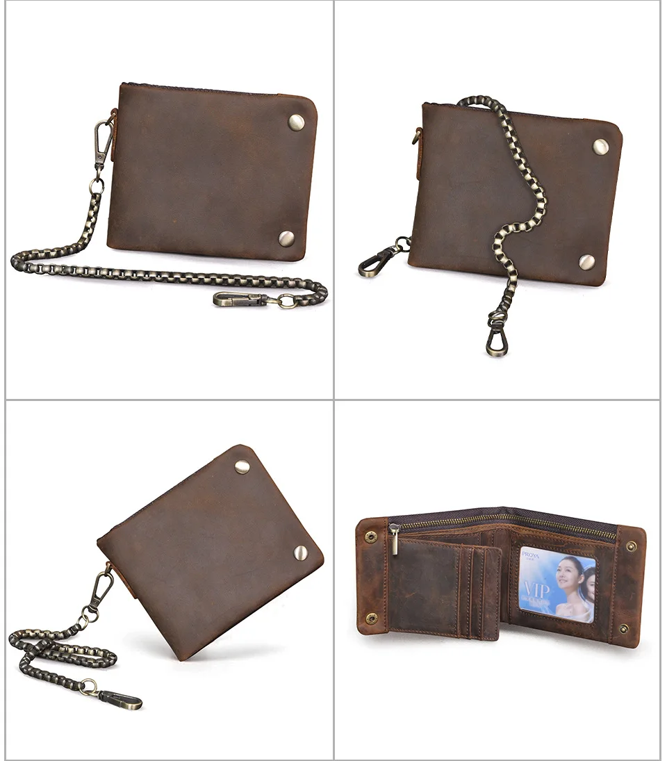 YETTIES Herren-Pull-Up-Geldbörse aus genarbtem Leder, kurzer Bifold-Reißverschluss mit abnehmbarer Kette, praktische Retro-Clutch für Herren – Detail 9