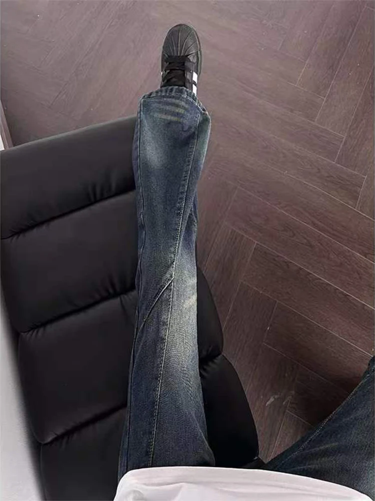 

Мужские джинсы в стиле ретро, синие, весенние, в американском стиле, прямые, с легким клешем, удлиняющие ноги